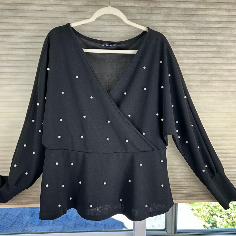 Stunning Black Blouse with Pearl Embellished Accents Quiet Luxury Faux Wrap Top